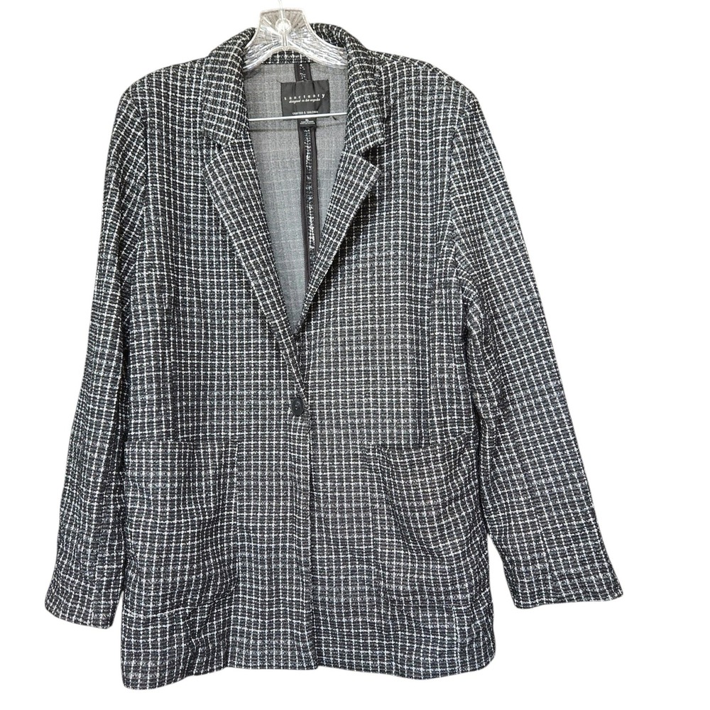 Sanctuary Metallic Plaid Blazer Jacket Black White XL Windowpane Silver Knit